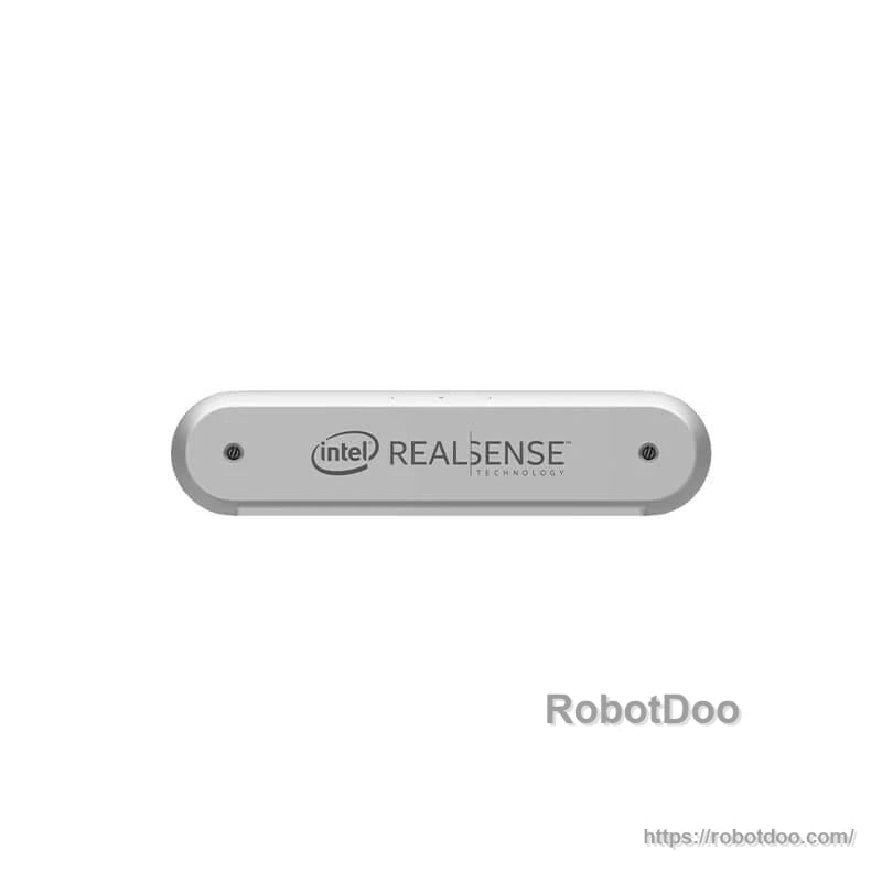 Rear view of Intel RealSense camera showing Intel RealSense Technology logo panel