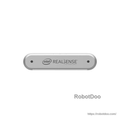 Rear view of Intel RealSense camera showing Intel RealSense Technology logo panel