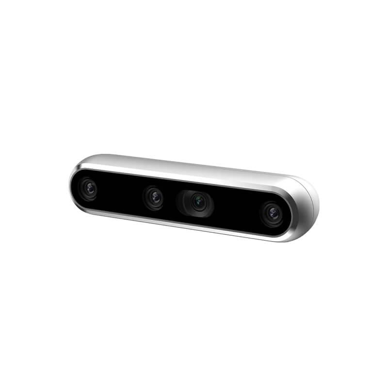 Angled view of Intel RealSense D455f stereo depth camera showing curved housing and front optics