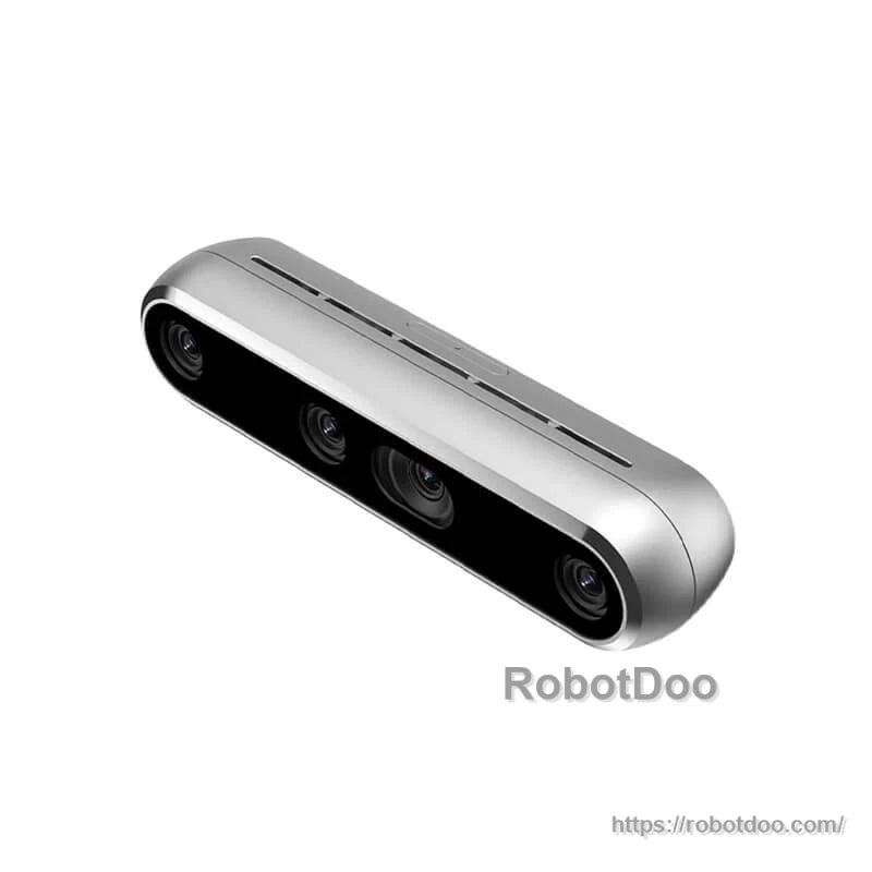 Top-angled view of RealSense D455f camera showing upper mounting slot detail
