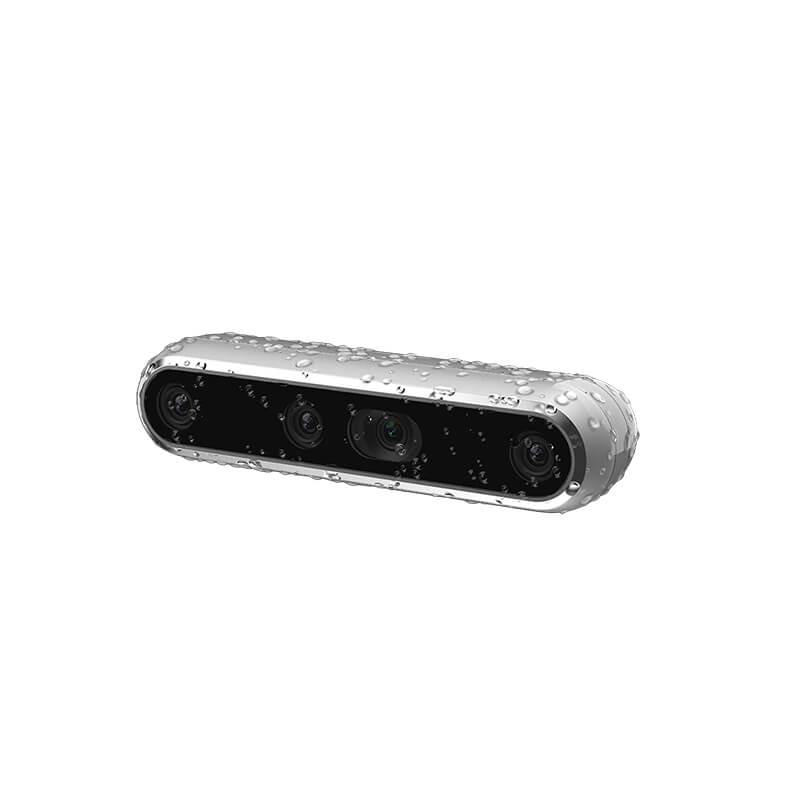 Intel RealSense D457 stereo depth camera front view with multi-lens array and water droplets