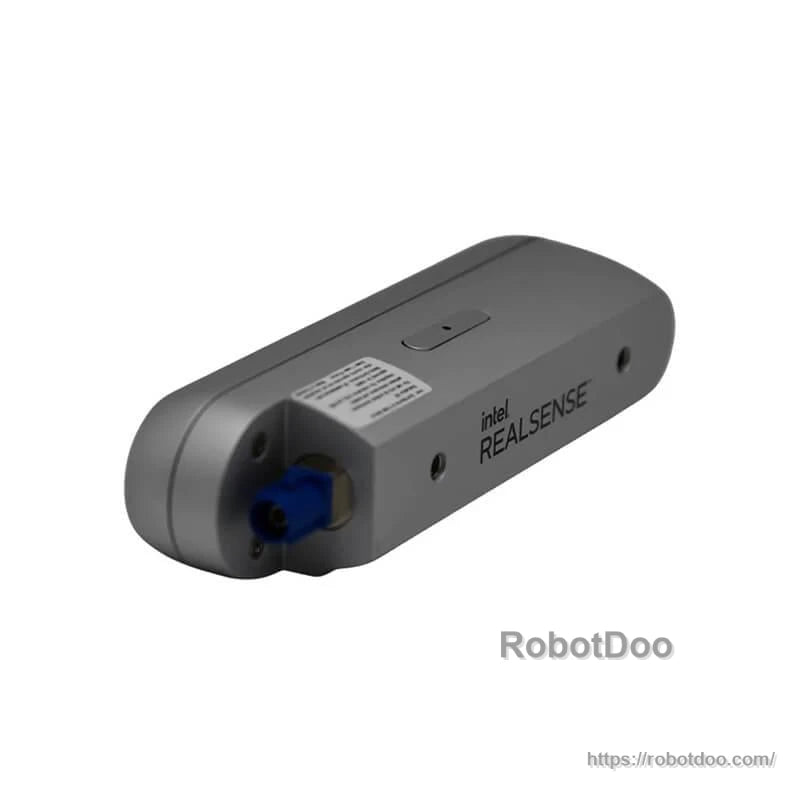 Intel RealSense camera back view with RealSense logo, top access cover, and RobotDoo watermark