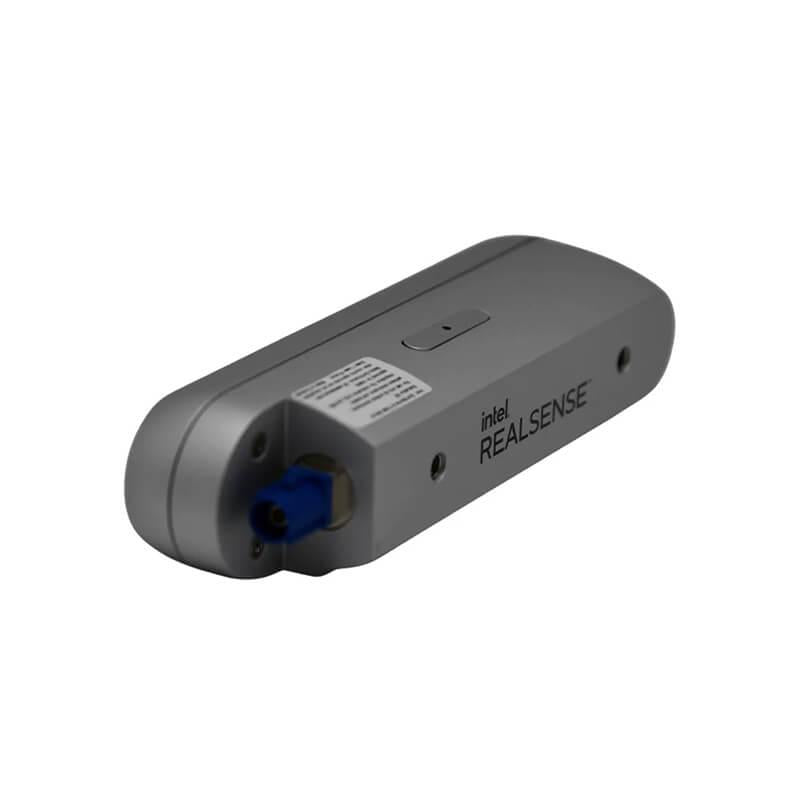 Rear angled view of Intel RealSense D457 showing blue GMSL/FAKRA connector, label, and mounting holes