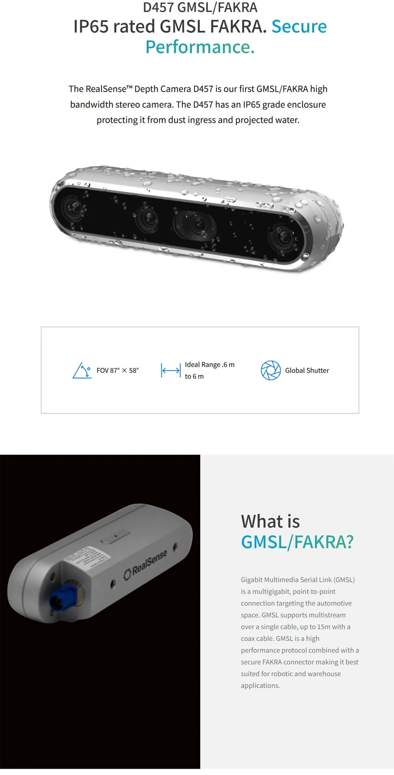 Intel RealSense D457 GMSL/FAKRA IP65 depth camera hero graphic with water‑resistant enclosure and key icons