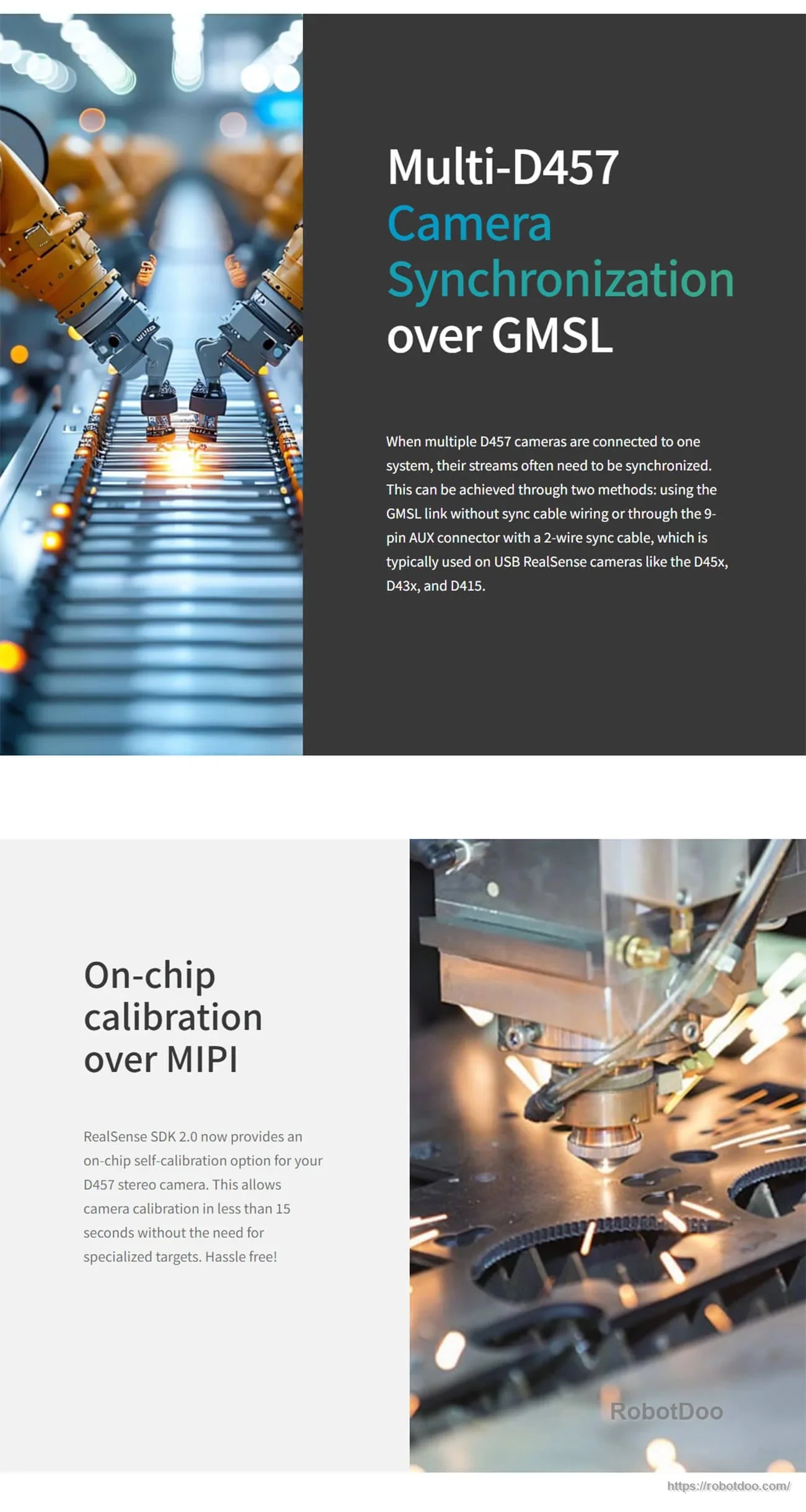 Multi‑D457 camera synchronization over GMSL and on‑chip calibration over MIPI promotional panels for RealSense SDK workflows