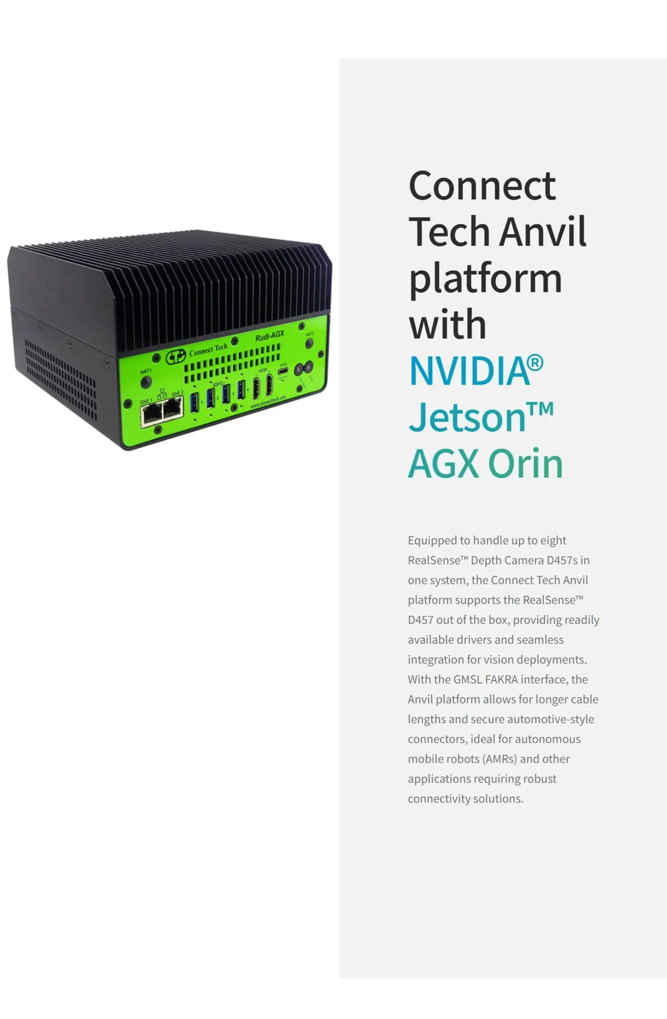 Tech Anvil platform product shot with text noting NVIDIA Jetson AGX Orin support for connecting multiple RealSense D457 cameras