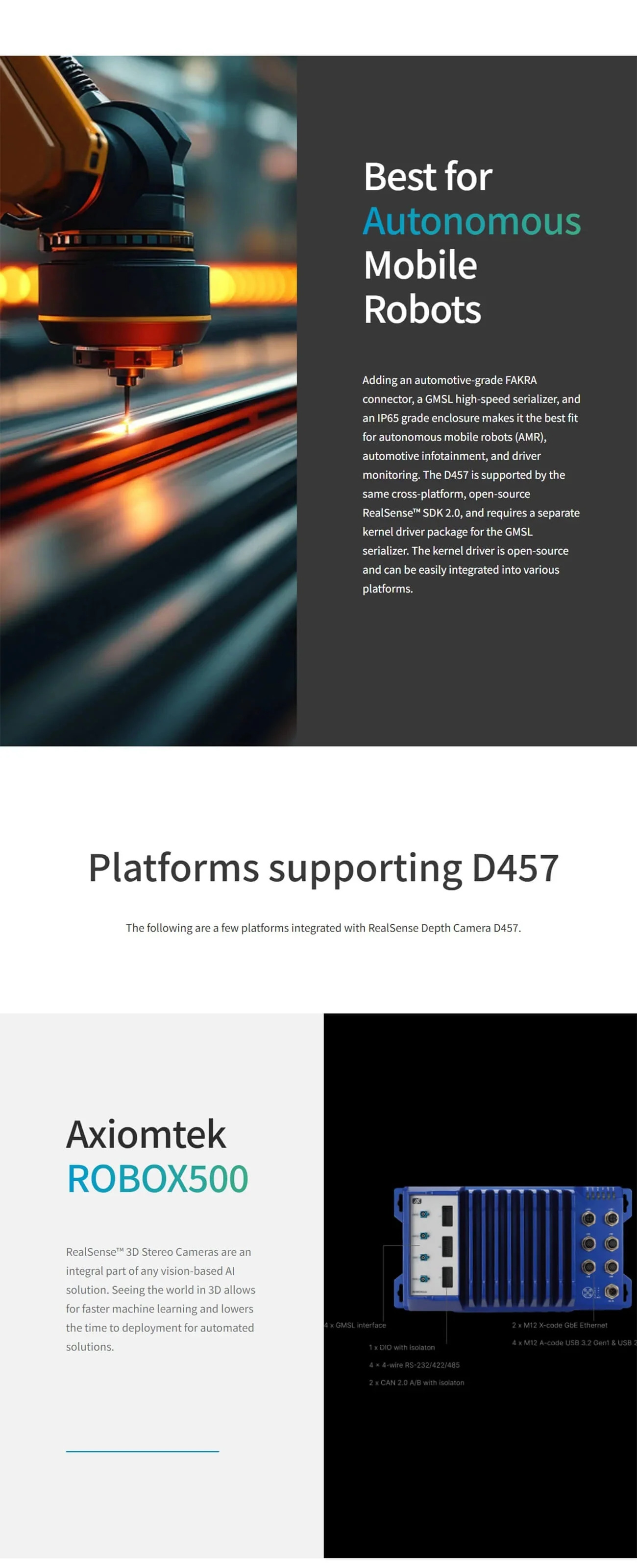 Autonomous mobile robot use-case panel and “Platforms supporting D457” section highlighting Axiomtek ROBOTX500 integration