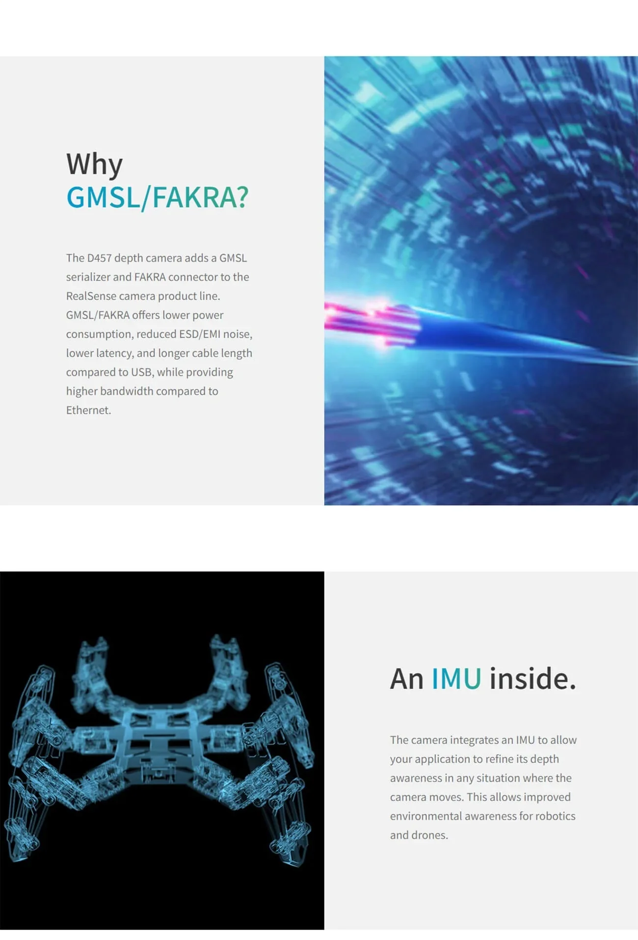 Infographic explaining why GMSL/FAKRA is used on D457 plus callout for integrated IMU for motion applications
