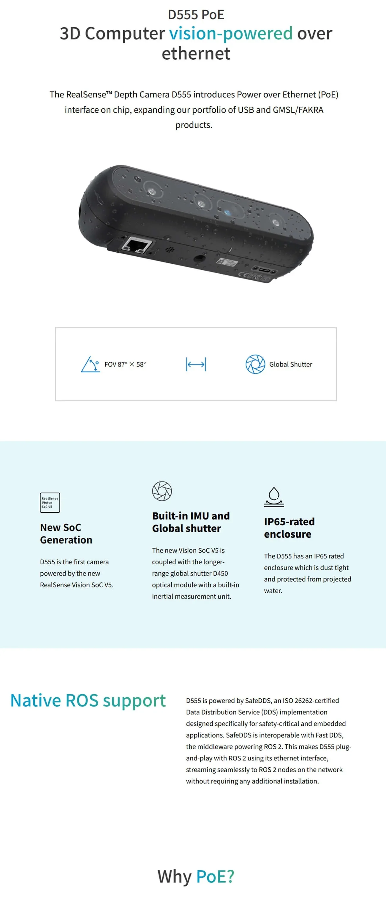 Intel RealSense D555 PoE depth camera overview with key features: Vision SoC V5, IMU, global shutter, IP65