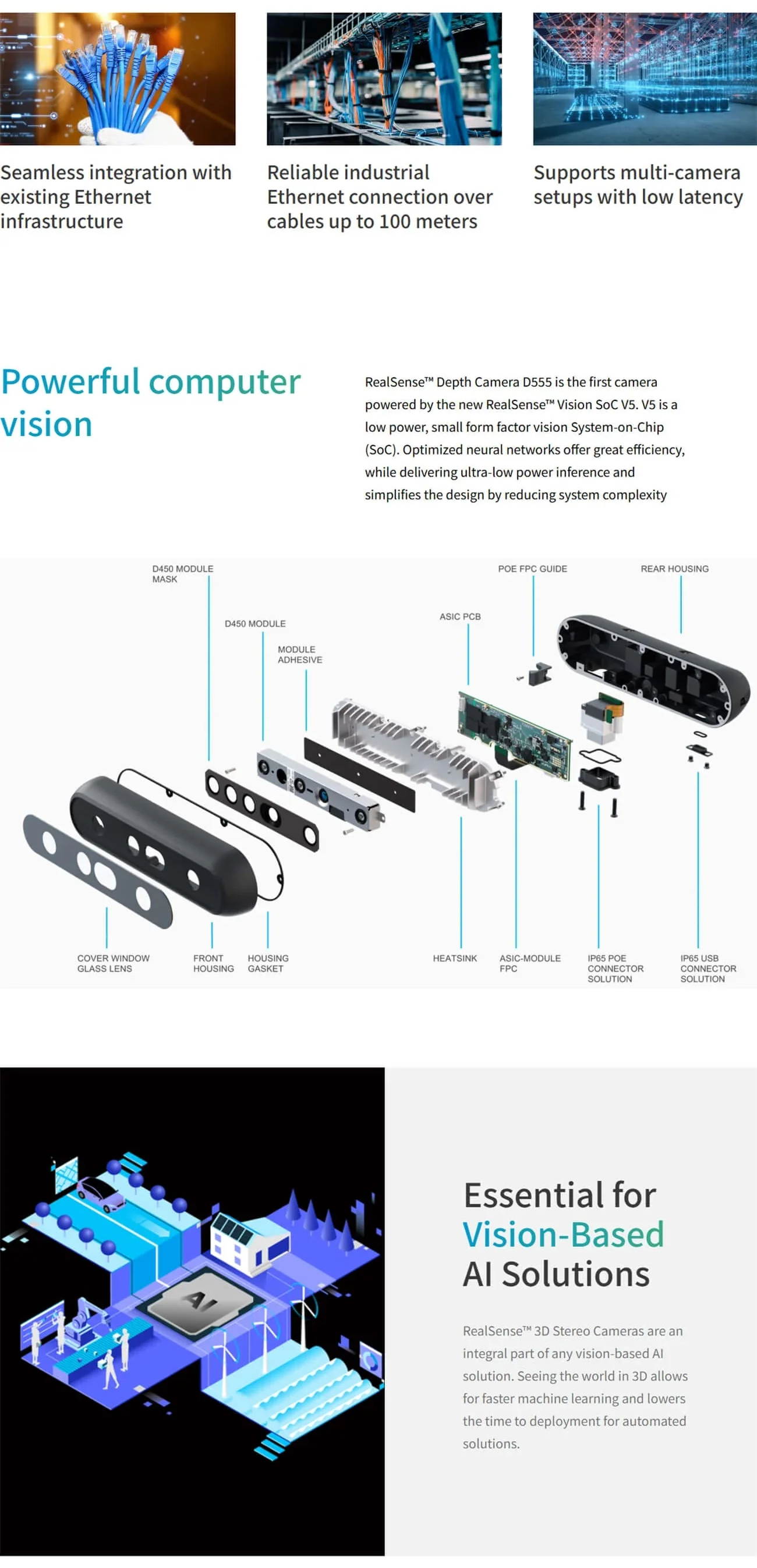 Intel RealSense D555 PoE camera platform highlights and exploded view of enclosure, optics module, and internal boards