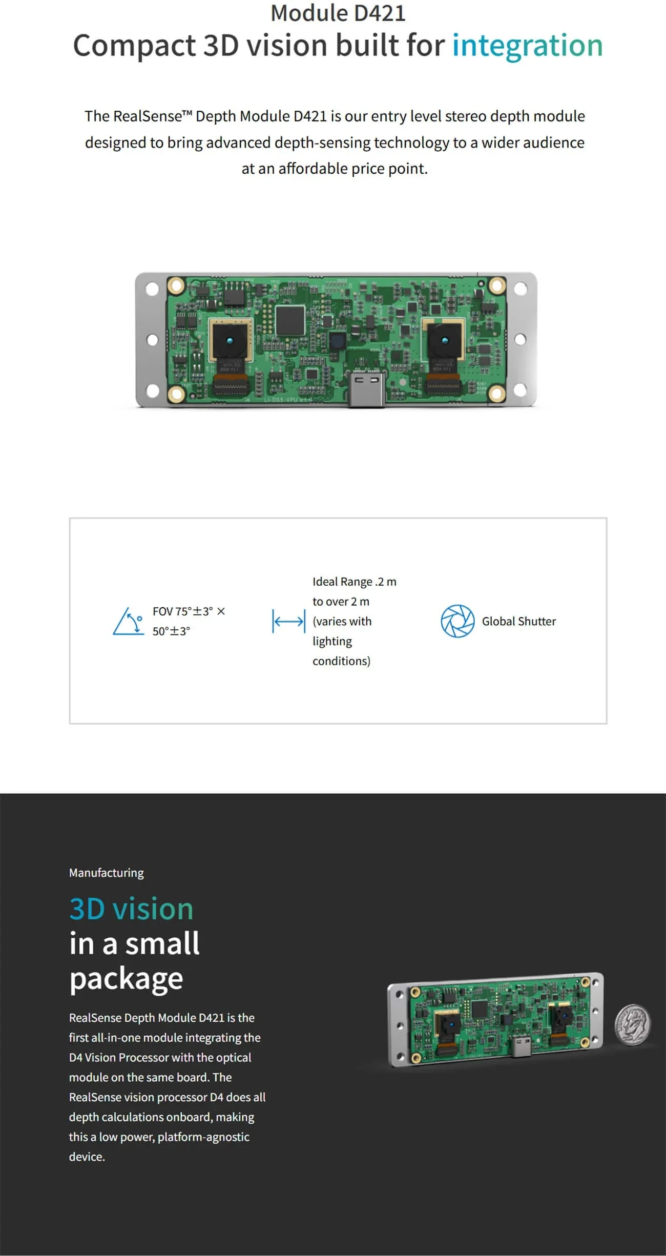 Intel RealSense D421 Depth Module single-board stereo depth camera module with D4 vision processor