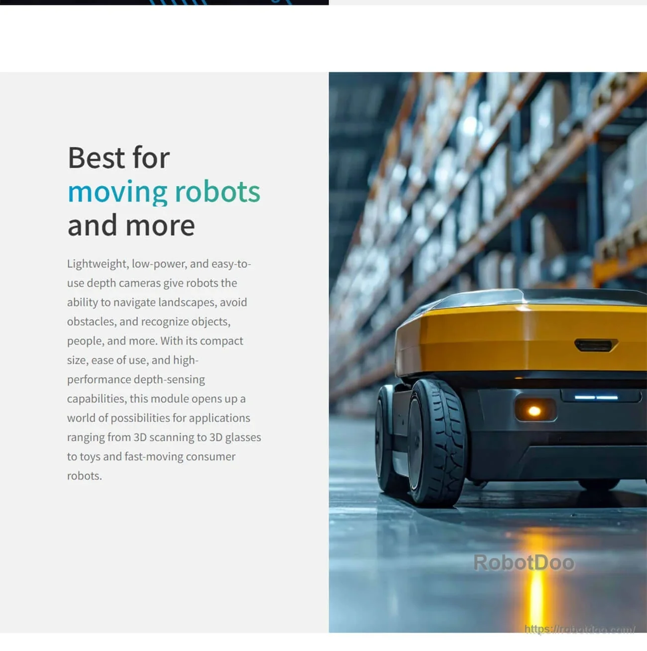 Autonomous mobile robot in a warehouse aisle, illustrating navigation and obstacle-avoidance use cases for depth sensing