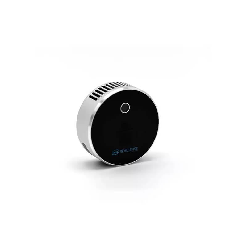 Intel RealSense L515 LiDAR depth camera, front angled view with black circular faceplate