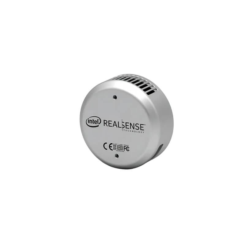 Rear view of Intel RealSense L515 LiDAR camera showing Intel RealSense logo and compliance marks