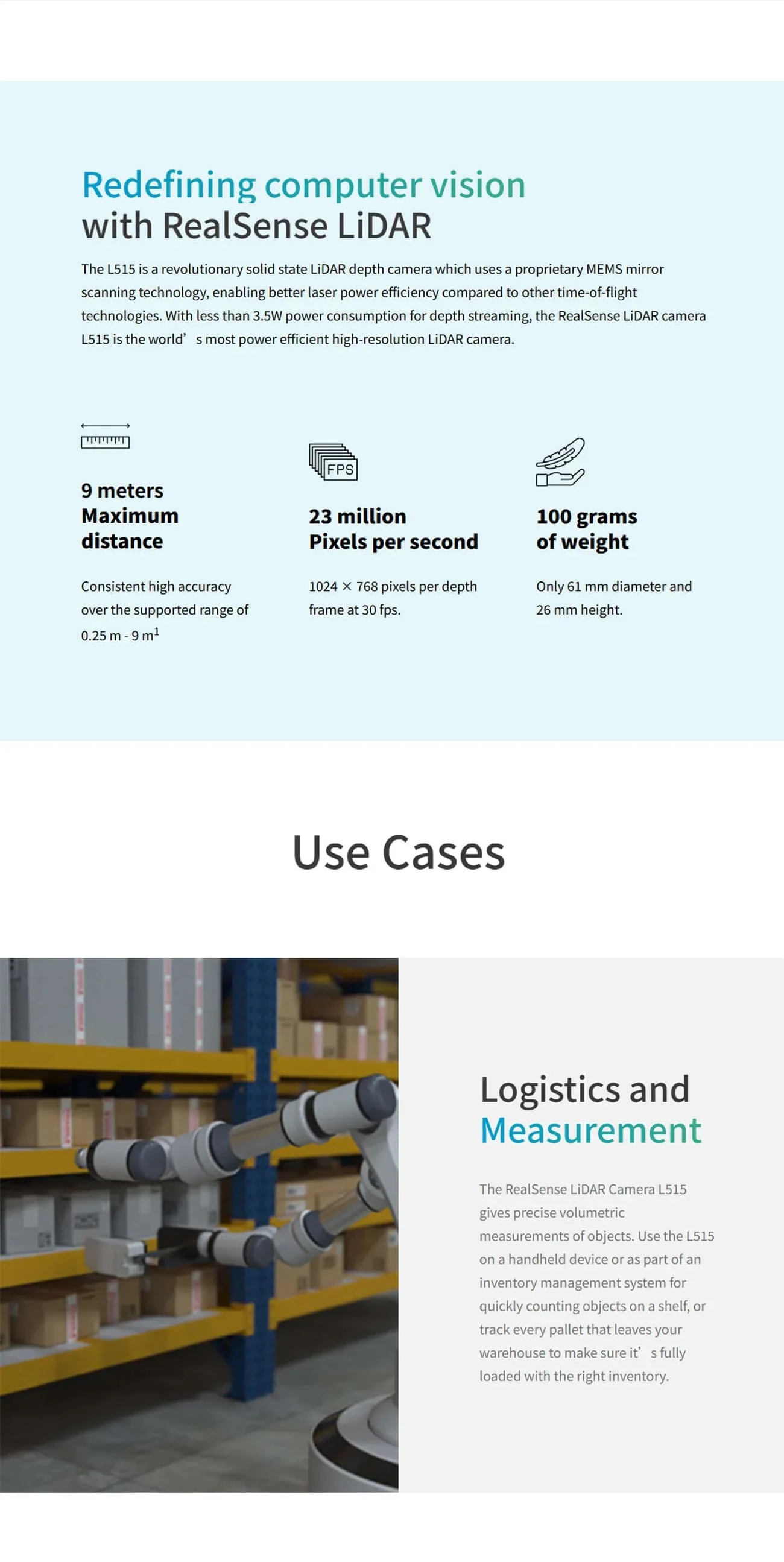 RealSense L515 overview page highlighting 9 m max distance, 23 million pixels/sec, and 100 g weight