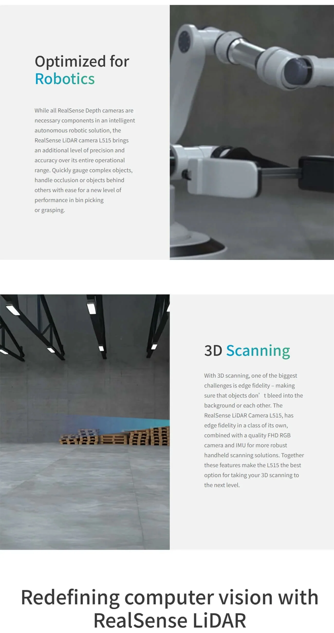 RealSense L515 use cases for robotics and 3D scanning, with robot arm and warehouse floor visuals