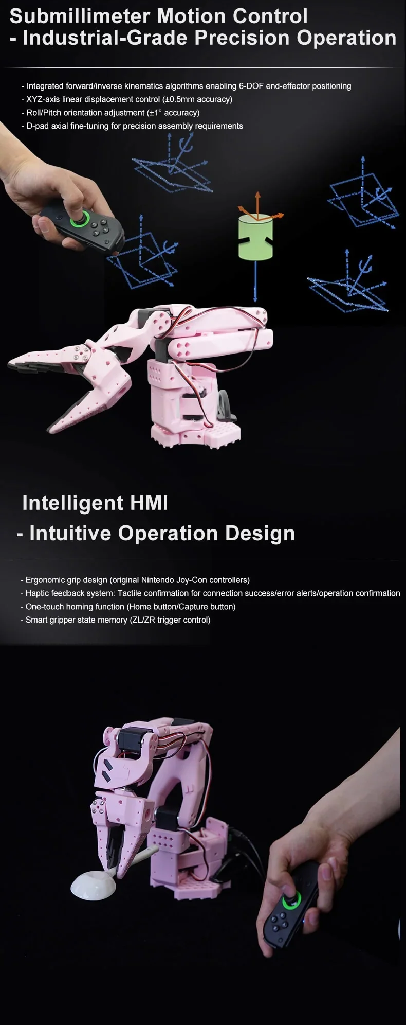 Submillimeter motion control and intuitive HMI layout with joystick and D-pad fine-tuning