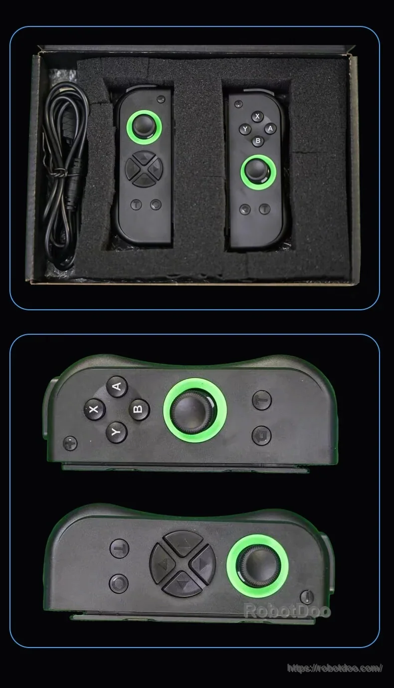 What’s included: pair of Joycon-Robotics controllers and cable in foam packaging, plus front views