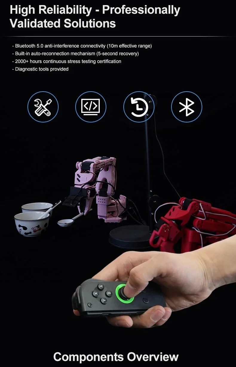 Bluetooth 5.0 wireless connection, reliability feature icons, and controller in-hand close-up