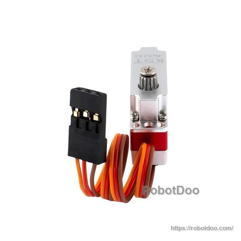 Rear view of KST A08 micro servo showing output spline end and 3-pin connector on attached lead
