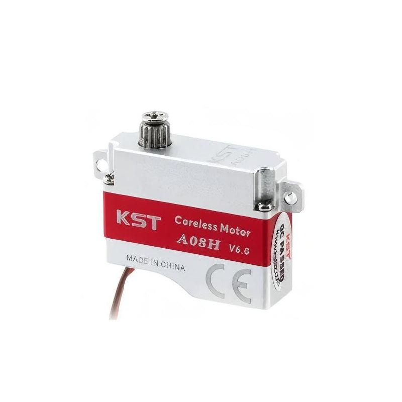KST coreless micro servo labeled A08H V6.0, angled view showing mounting tabs and output spline