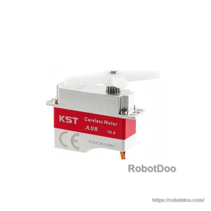 KST A08 coreless micro servo with white servo horn installed on output spline, side view