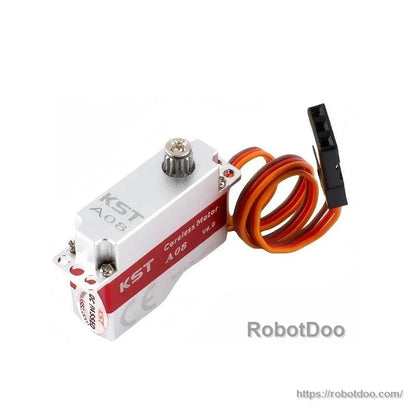 Angled top view of KST A08 servo showing engraved case top, coiled 3-wire lead and 3-pin plug