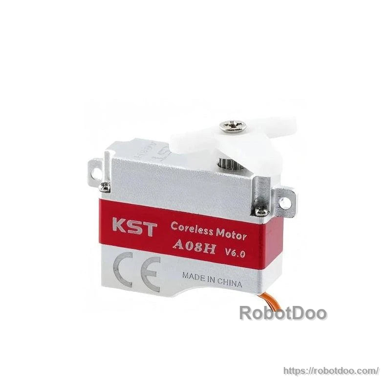 KST A08H coreless micro servo with white horn attached, showing mounting tabs and case screws