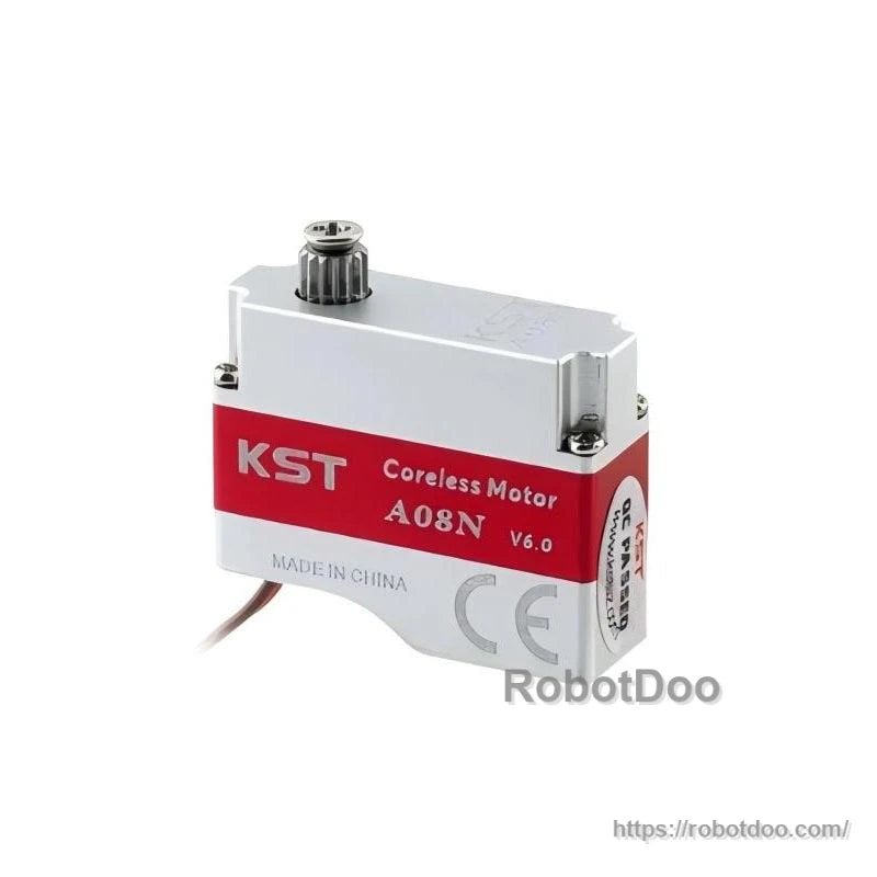 KST coreless micro servo labeled A08N V6.0, side view with red band label and top output spline