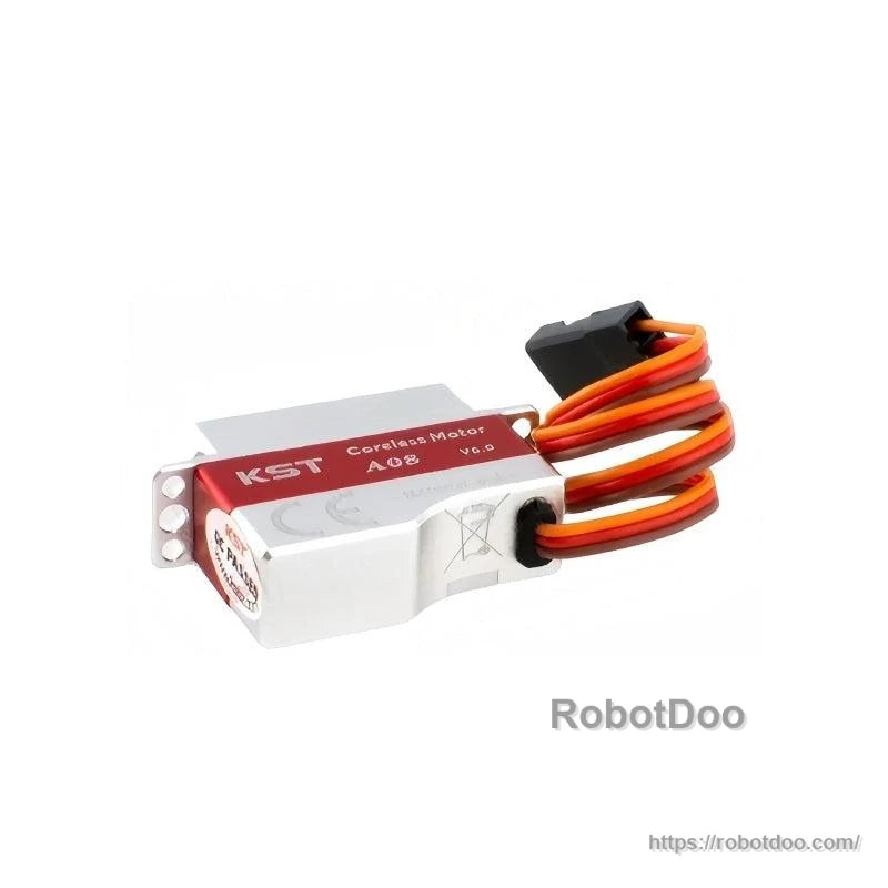 Side profile of KST A08 coreless micro servo showing cable exit grommet and side safety marking