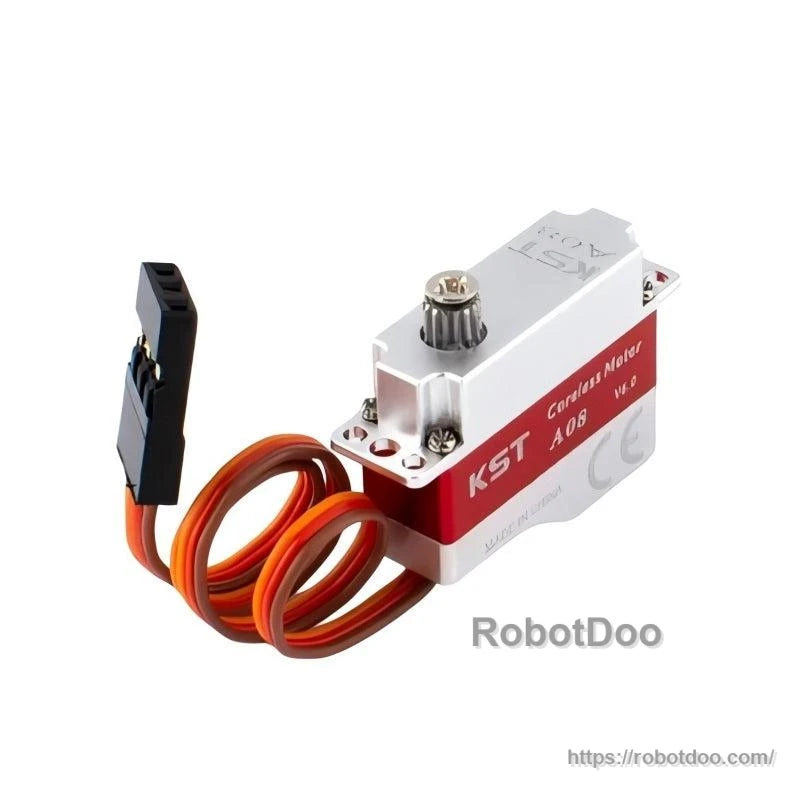 KST A08 servo angled view with coiled orange/red/brown lead and black 3-pin connector beside unit