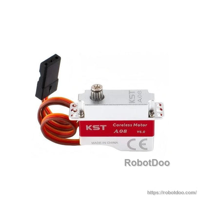 KST A08 micro servo with attached 3-wire lead and 3-pin connector, top view of mounting tabs