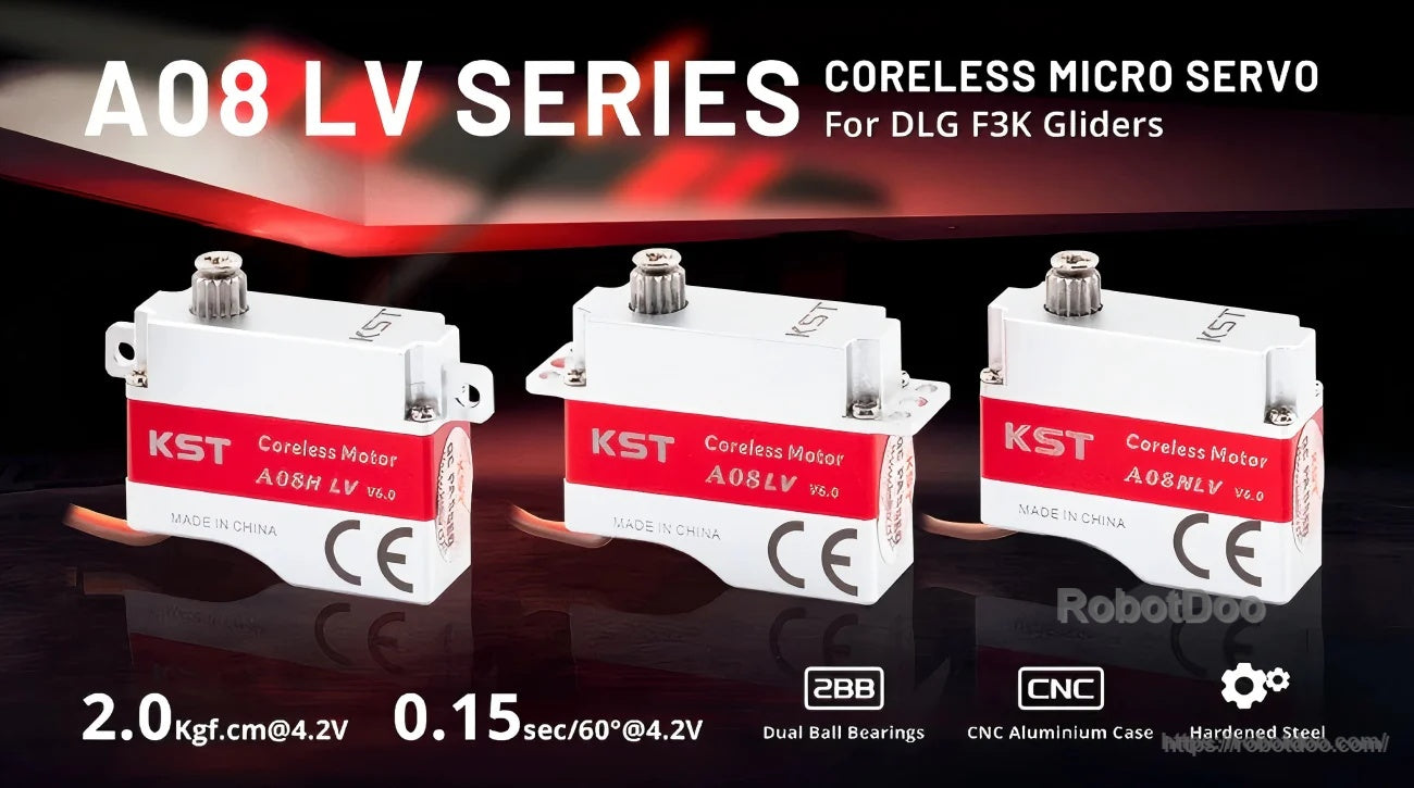 KST A08-LV V6.0 coreless micro servo motor with CNC aluminum case and steel gears (A08 LV series)
