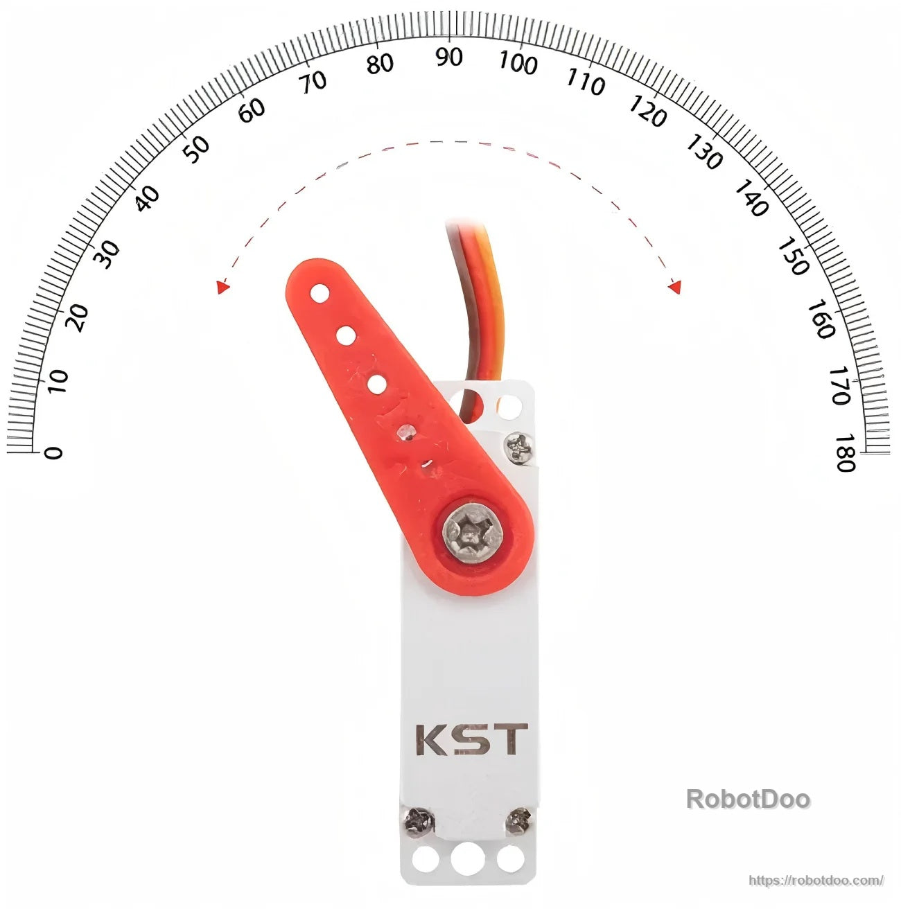 Servo horn travel angle illustration on KST micro servo, marked scale indicating approximately 120° total range