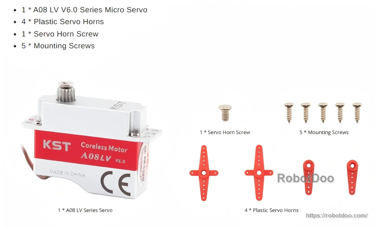 KST A08-LV V6.0 micro servo package contents: servo, four plastic horns, horn screw, and five mounting screws