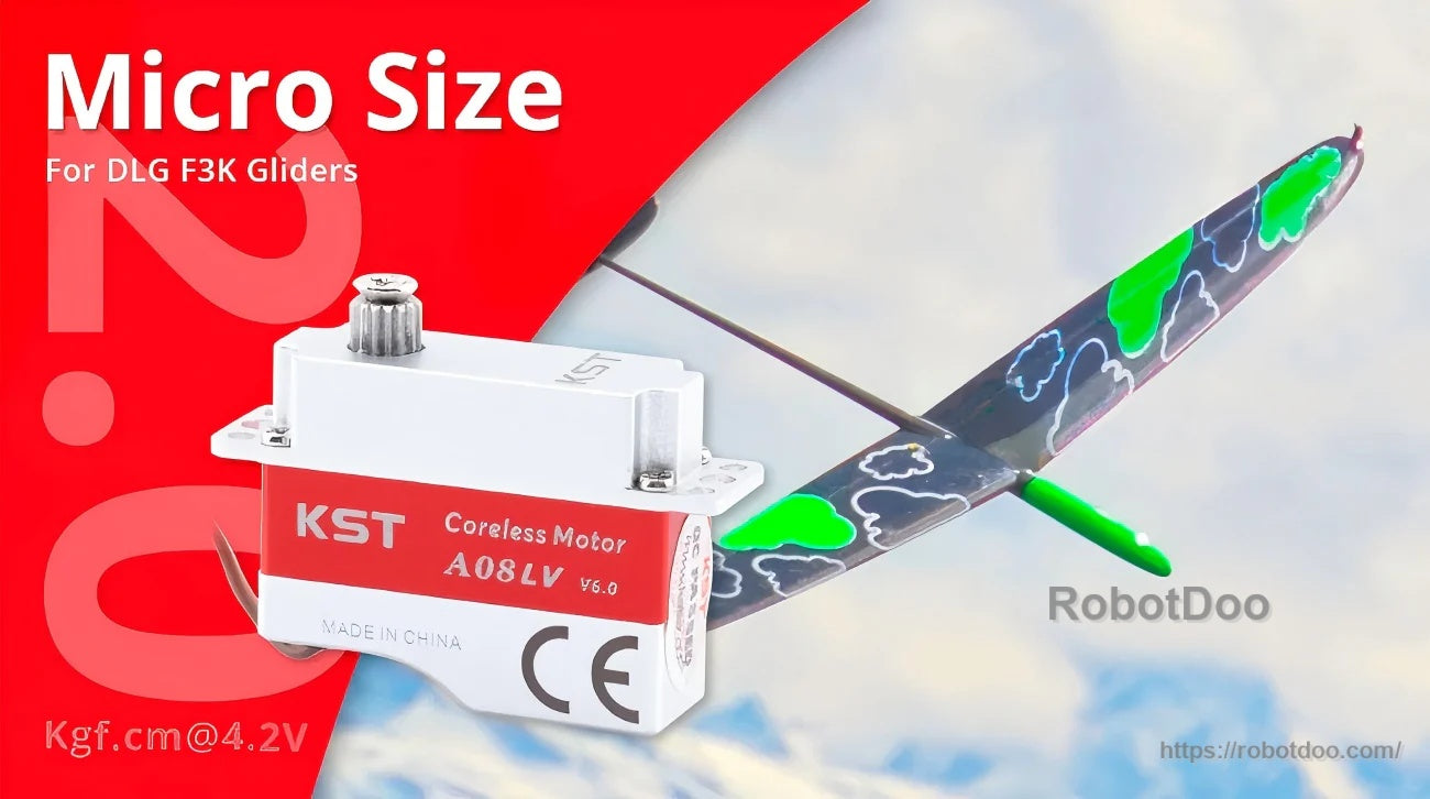 A08-LV micro size servo for DLG F3K gliders, compact low-voltage coreless design