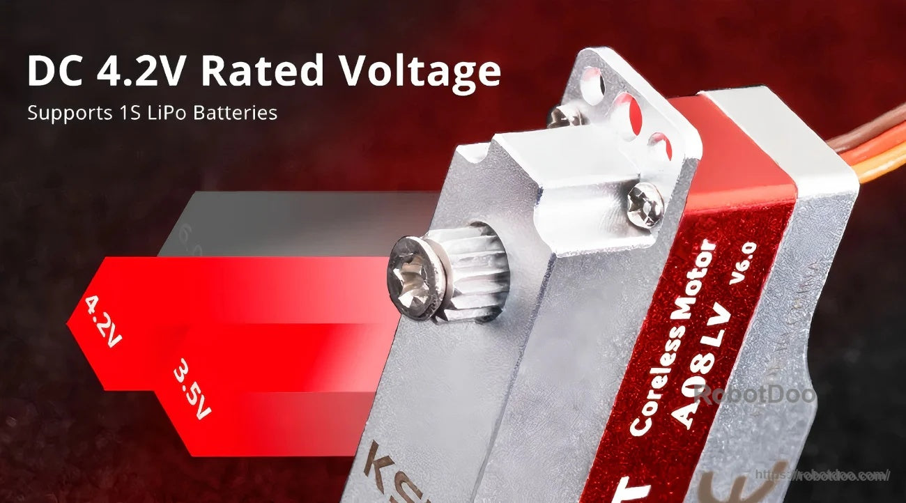 Close-up of KST A08LV V6.0 label and output spline, rated 4.2V and compatible with 1S LiPo power