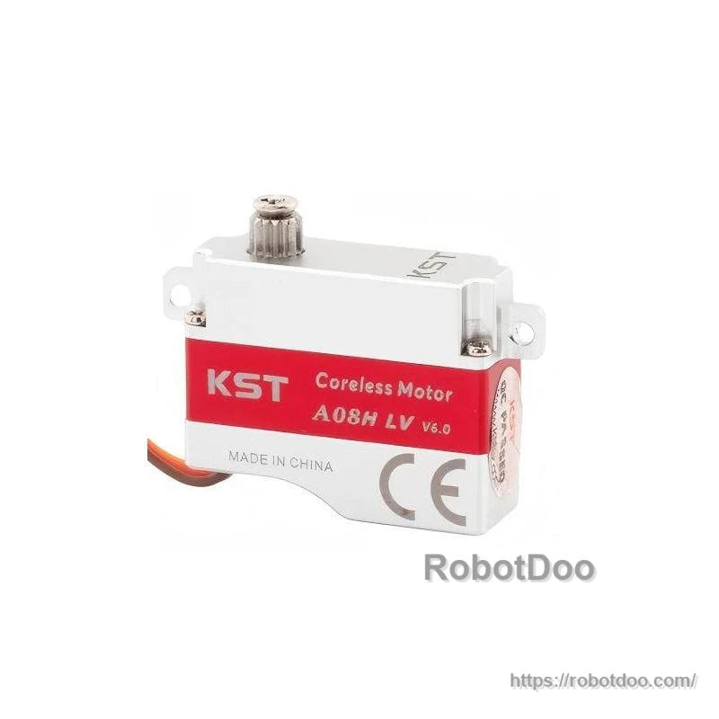 Side view of KST A08H LV V6.0 servo casing with mounting tabs and three-wire lead