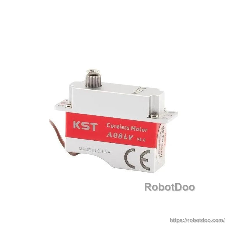 KST A08LV coreless servo motor front angle showing output spline, mounting ears and lead wire