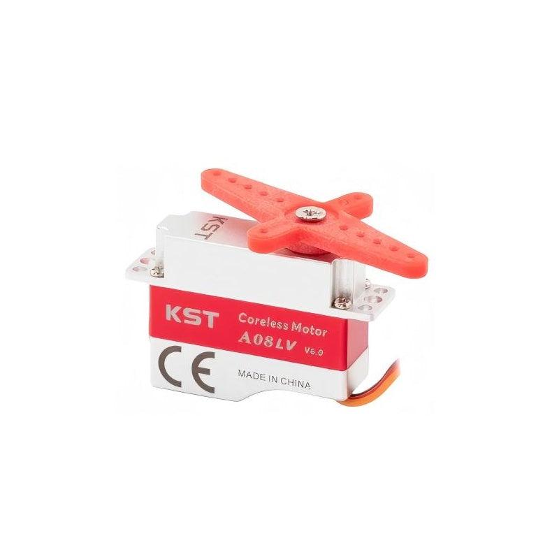 KST A08-LV V6.0 micro servo with installed servo horn, metal case and mounting tabs
