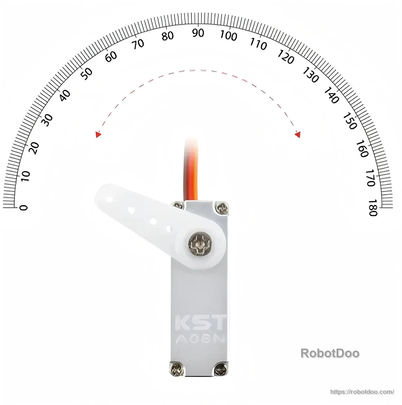 KST A08N micro servo travel angle illustration with degree scale showing servo horn sweep range