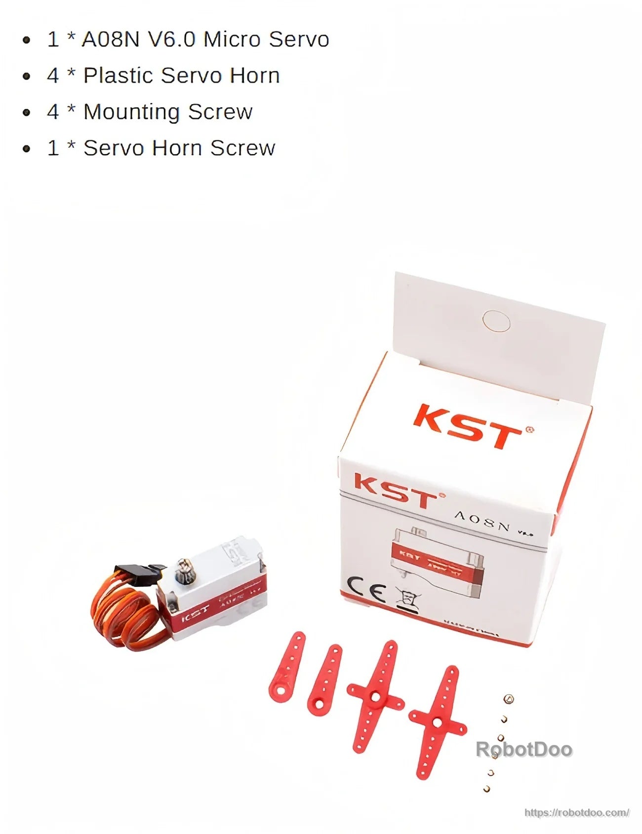 KST A08N V6.0 micro servo kit with box, four red plastic horns, mounting screws, and horn screw