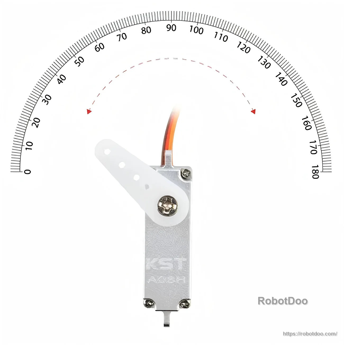 KST A08H micro servo travel angle illustration with degree scale and horn position across the movement arc