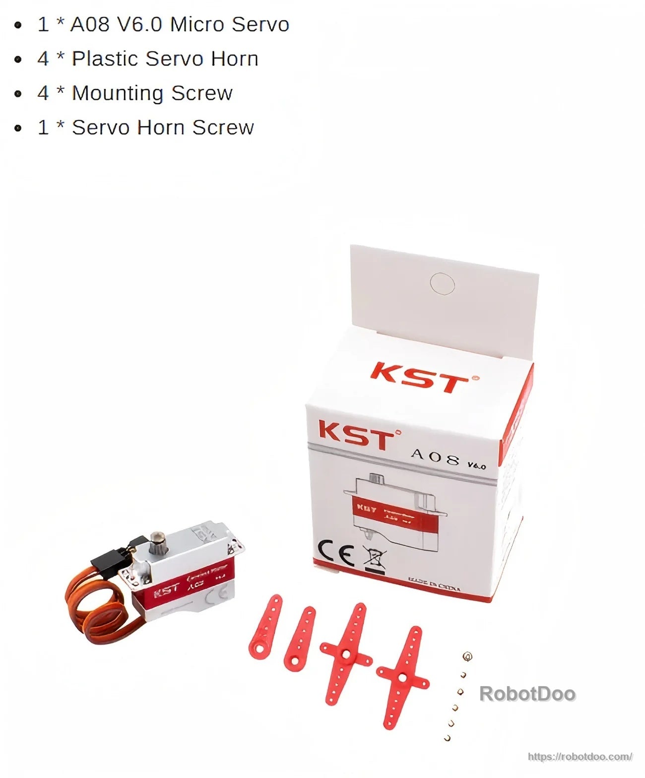 KST A08 V6.0 micro coreless servo kit with retail box, four plastic horns, mounting screws, and horn screw