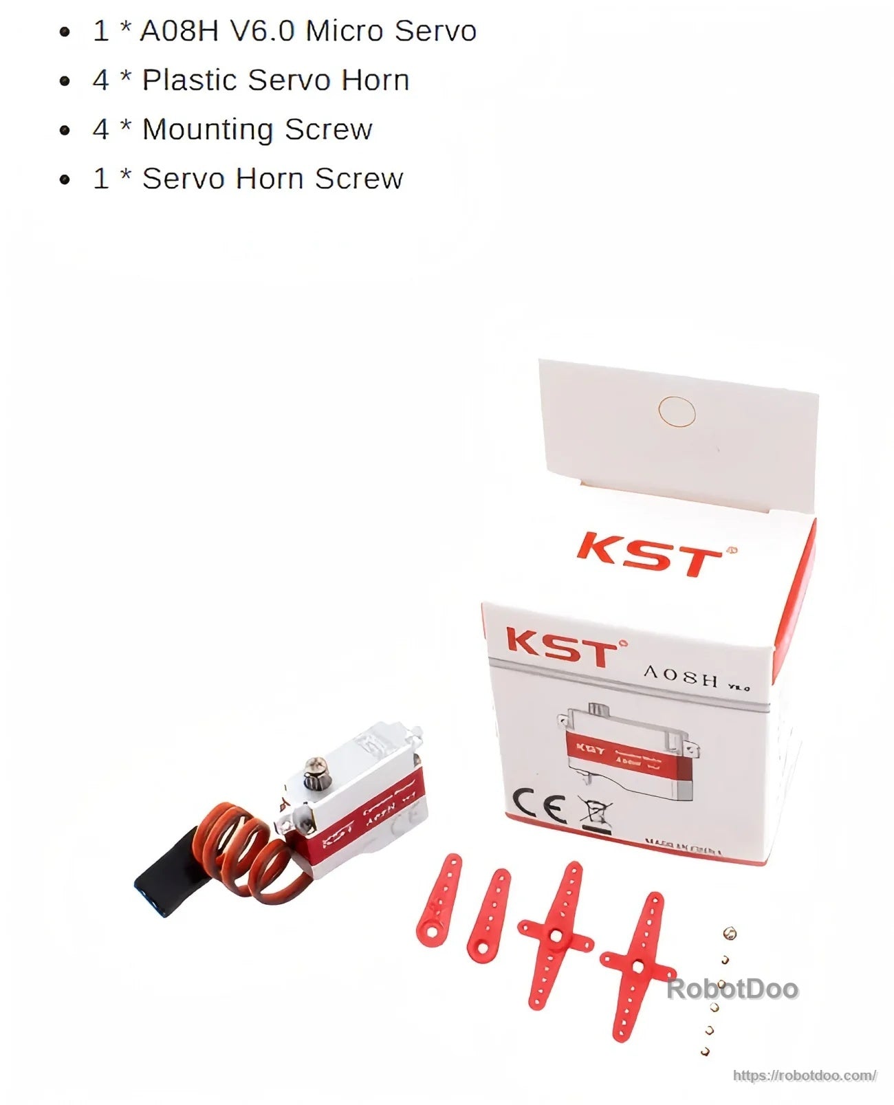 KST A08H V6.0 micro servo package contents with box, four plastic servo horns, screws, and horn screw