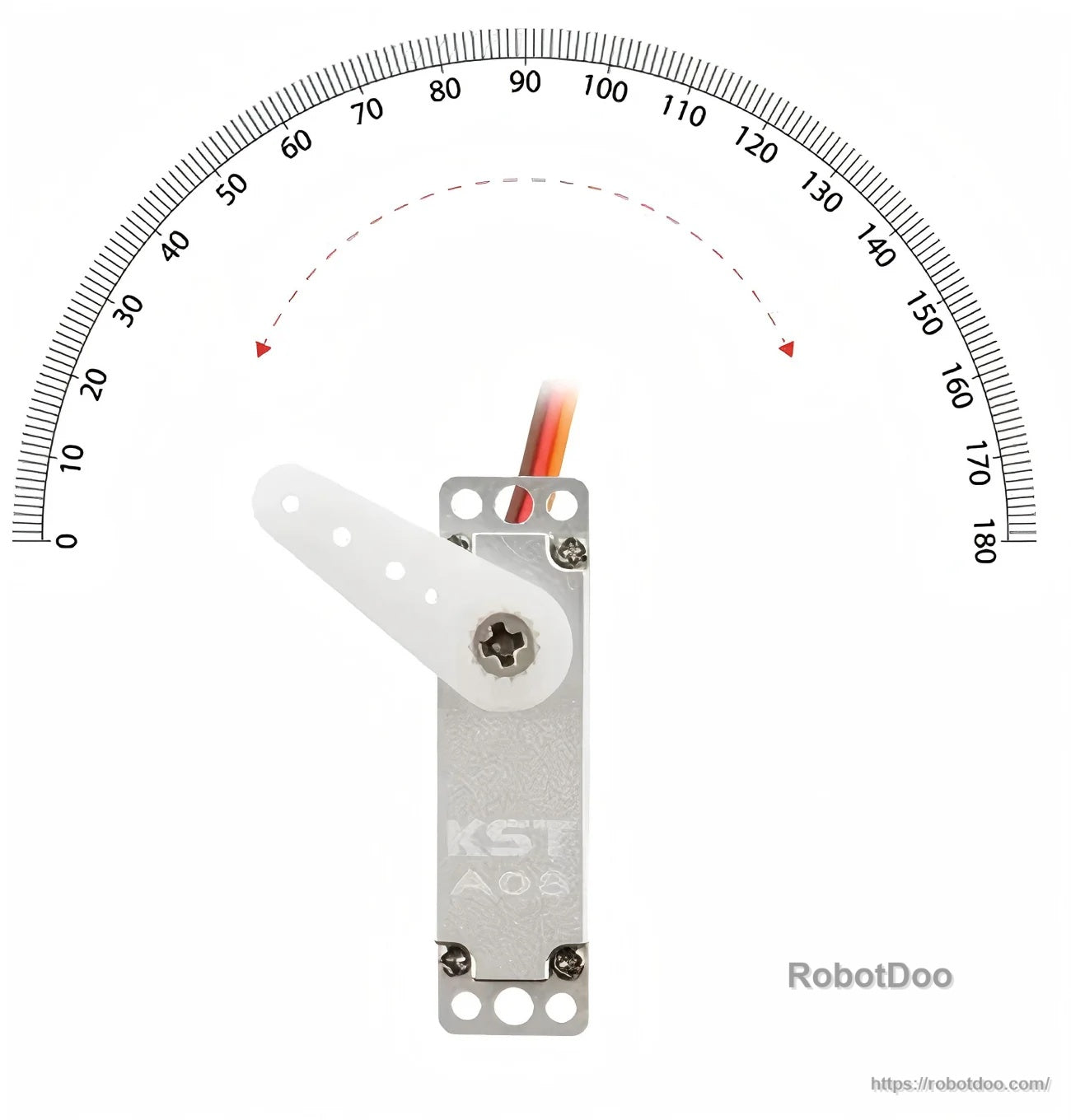 KST A08 micro servo rotation angle graphic with horn installed, illustrating movement arc on a degree scale