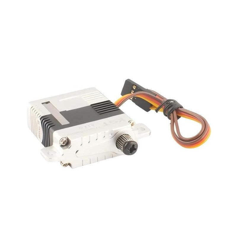 KST A12-S servo motor angled view with metal case, mounting tabs, output shaft and 3-wire lead