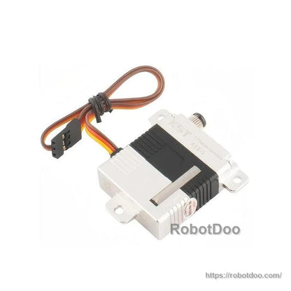 Top view of KST A12-S servo motor with mounting ears, output spline, and attached 3-wire cable connector