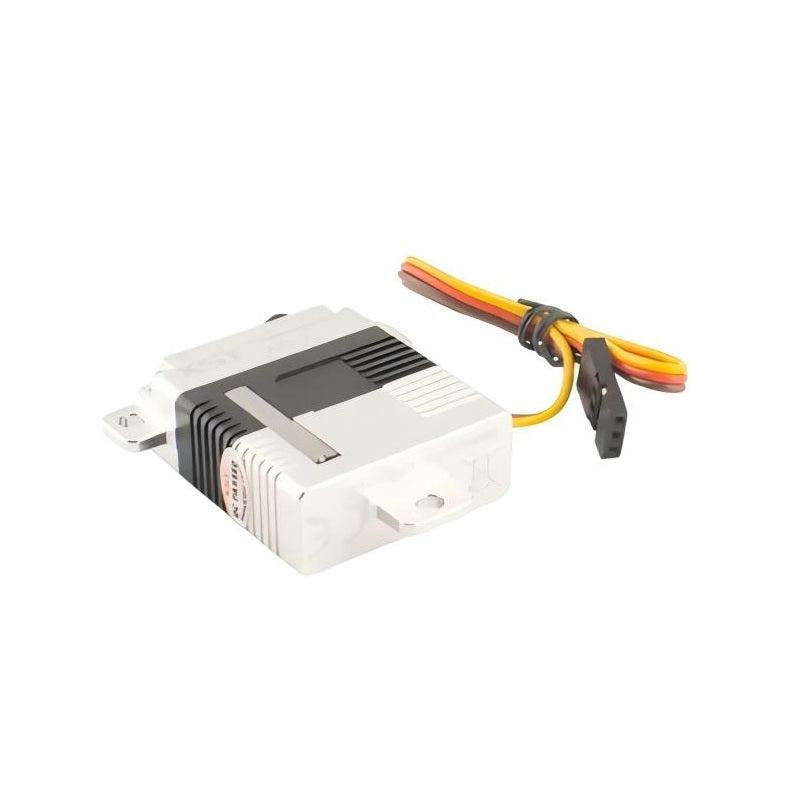 Rear/top view of the servo motor housing showing ribbed black center section and 3-pin connector lead