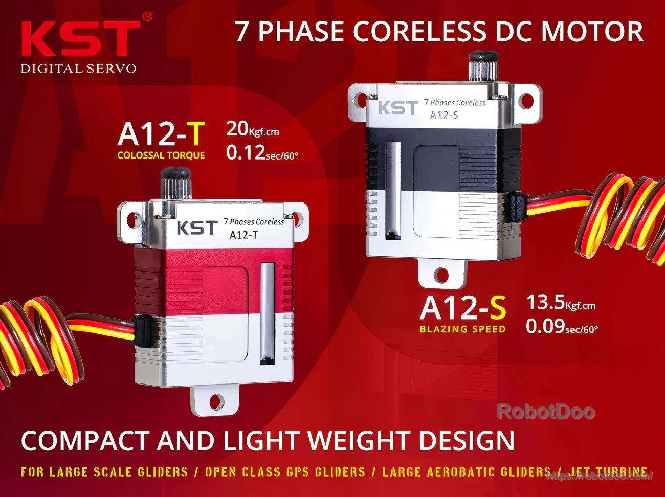 KST A12-S servo motor performance graphic highlighting 7‑phase coreless DC motor and compact alloy case